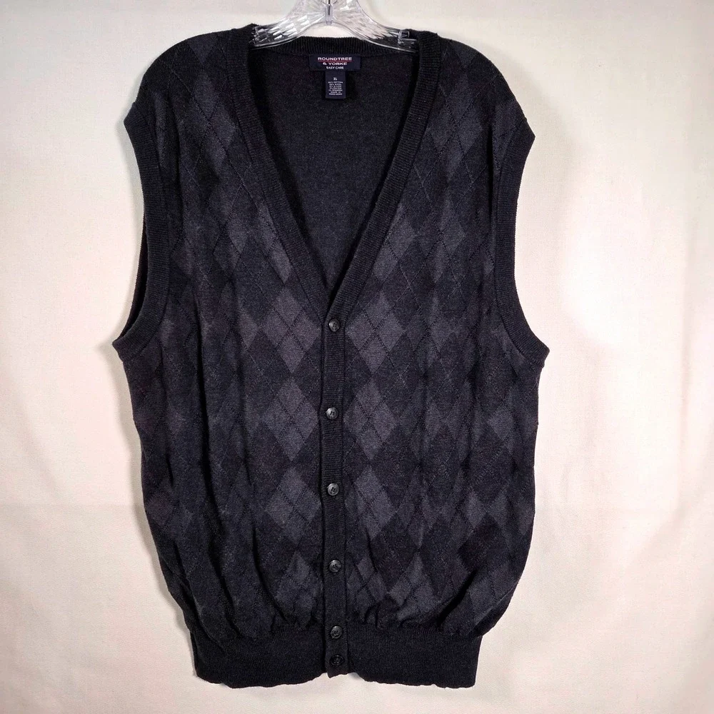 Mens XL Argyle Button Front Sweater Vest Navy Cotton Wool Blend Preppy Academia